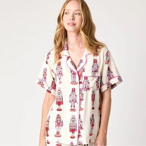 Katie Kime Holiday March Nutcracker Print Pajama Top Pink Piping Size Small